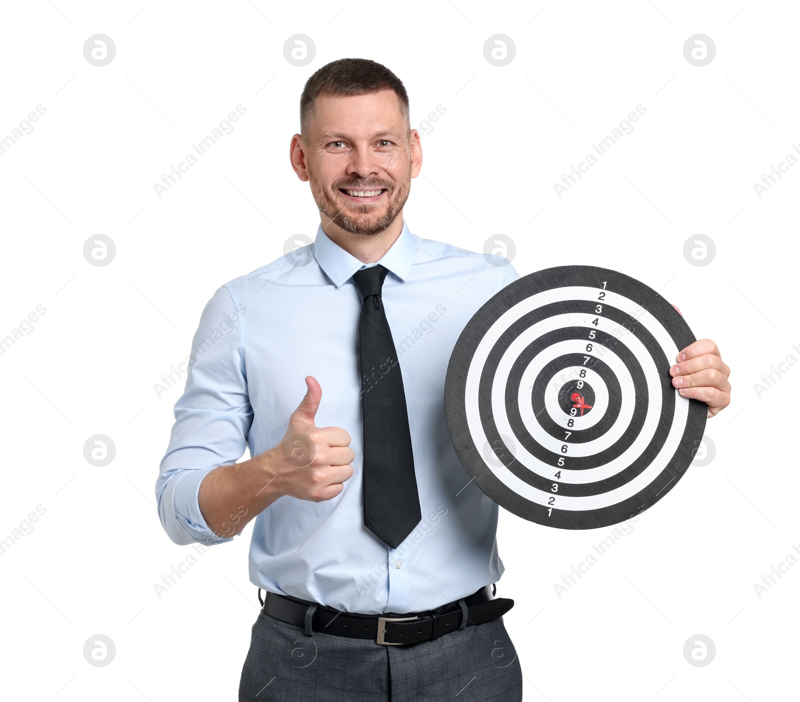 Targeting. Man with dart board and arrow showing thumbs up on white background Photo of Targeting. Man with dart board and arrow showing thumbs up on white background
