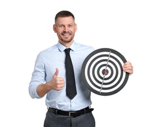 Photo of Targeting. Man with dart board and arrow showing thumbs up on white background