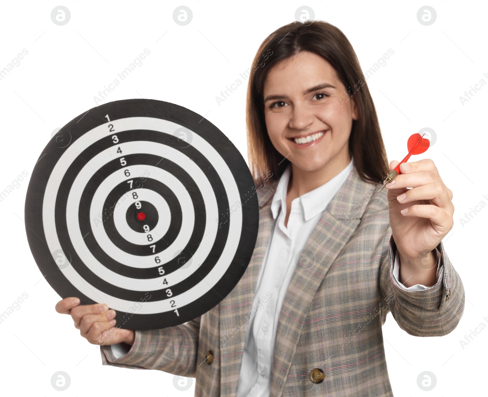 Targeting. Smiling businesswoman with dart board and arrow on white background Photo of Targeting. Smiling businesswoman with dart board and arrow on white background