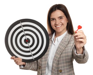 Photo of Targeting. Smiling businesswoman with dart board and arrow on white background