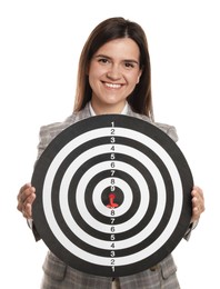 Photo of Targeting. Smiling businesswoman with dart board on white background