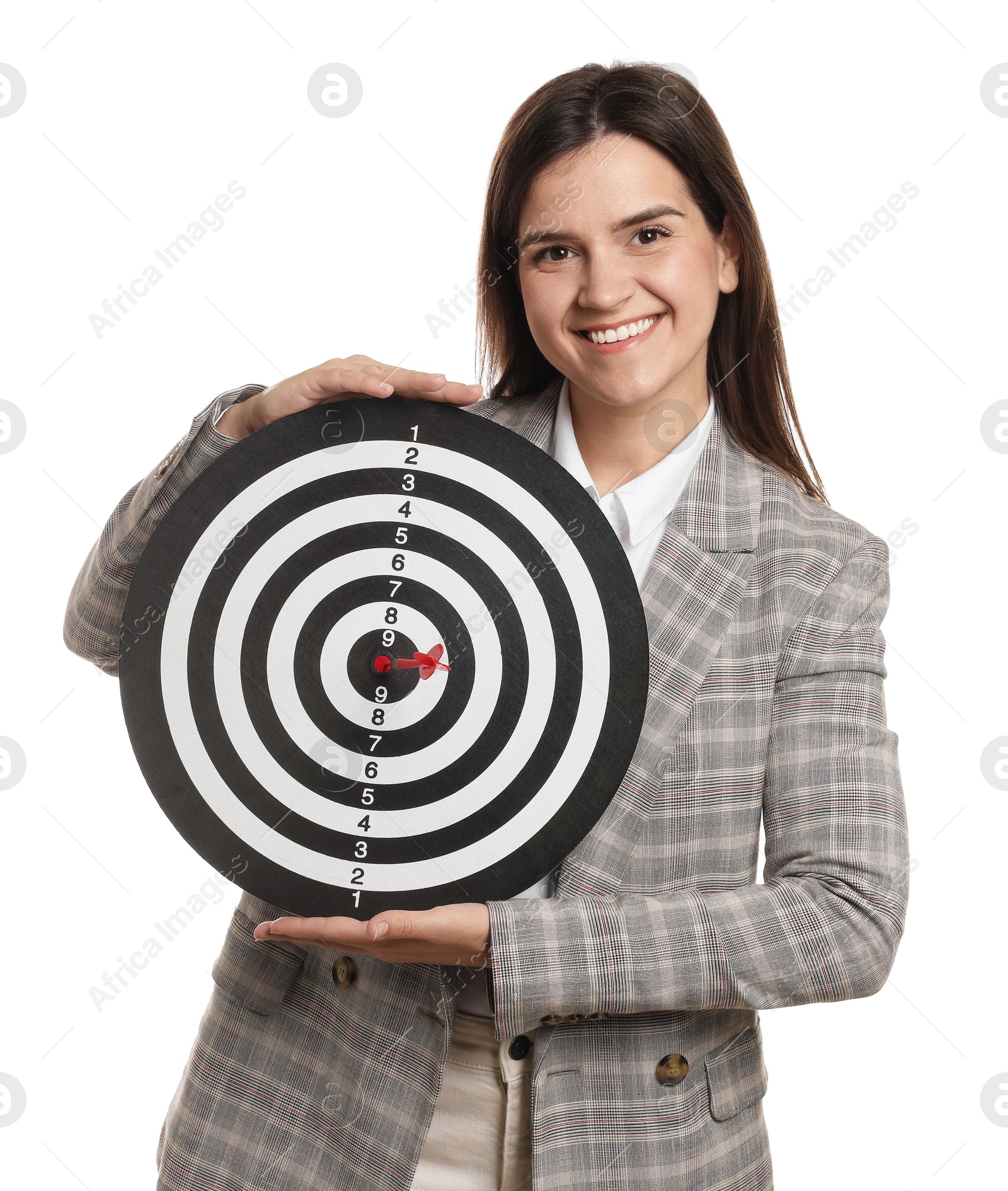 Targeting. Smiling businesswoman with dart board on white background Photo of Targeting. Smiling businesswoman with dart board on white background