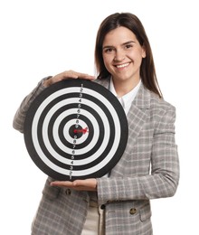 Photo of Targeting. Smiling businesswoman with dart board on white background