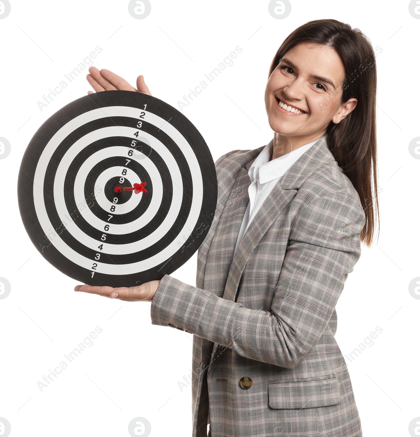 Photo of Targeting. Smiling businesswoman with dart board on white background