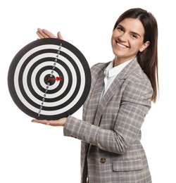 Photo of Targeting. Smiling businesswoman with dart board on white background