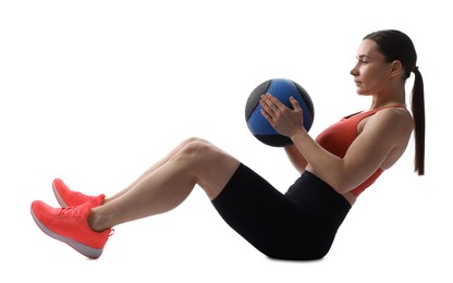 Photo of Athletic woman exercising with medicine ball on white background