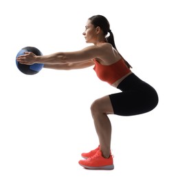 Photo of Athletic woman exercising with medicine ball on white background
