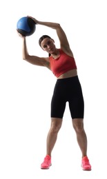 Photo of Athletic woman exercising with medicine ball on white background