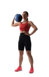 Photo of Athletic woman exercising with medicine ball on white background