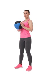 Photo of Woman with medicine ball on white background