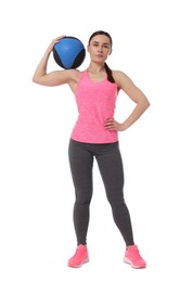 Photo of Woman with medicine ball on white background