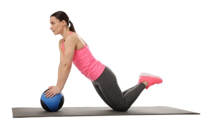 Photo of Athletic woman exercising with medicine ball on white background