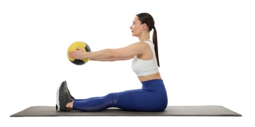 Photo of Athletic woman exercising with medicine ball on white background