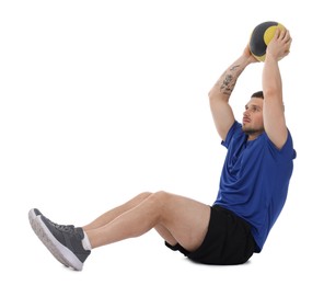 Photo of Man exercising with medicine ball on white background