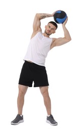 Photo of Man exercising with medicine ball on white background