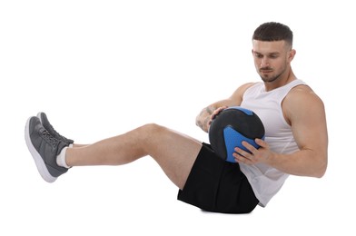 Photo of Man exercising with medicine ball on white background