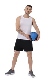 Photo of Man exercising with medicine ball on white background
