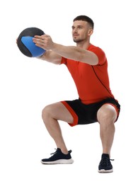Photo of Man exercising with medicine ball on white background