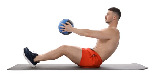 Photo of Man exercising with medicine ball on white background