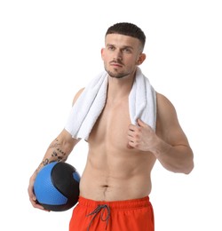 Photo of Man with medicine ball and towel on white background