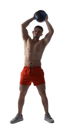 Photo of Man exercising with medicine ball on white background
