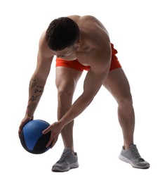 Photo of Man exercising with medicine ball on white background