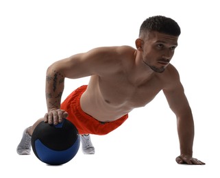 Photo of Man exercising with medicine ball on white background