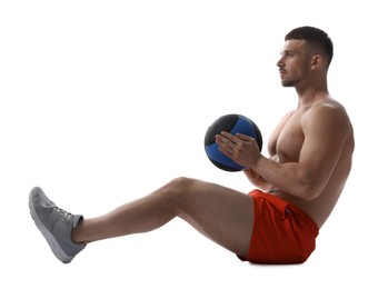 Photo of Man exercising with medicine ball on white background