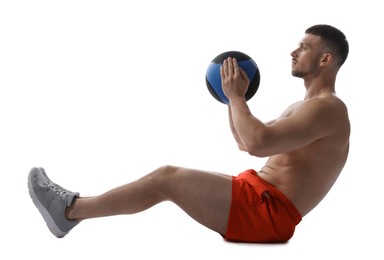 Photo of Man exercising with medicine ball on white background