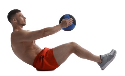 Photo of Man exercising with medicine ball on white background