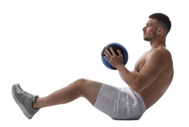 Photo of Man exercising with medicine ball on white background