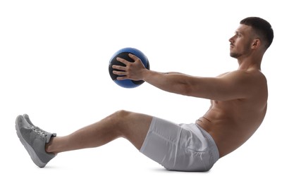 Photo of Man exercising with medicine ball on white background