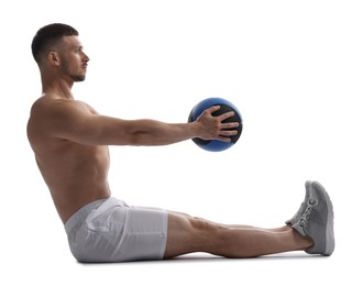 Photo of Man exercising with medicine ball on white background