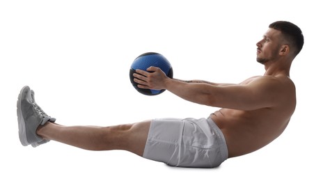 Photo of Man exercising with medicine ball on white background
