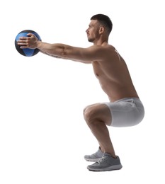 Photo of Man exercising with medicine ball on white background