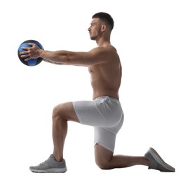 Photo of Man exercising with medicine ball on white background