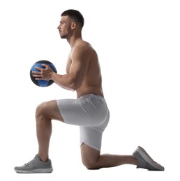 Photo of Man exercising with medicine ball on white background