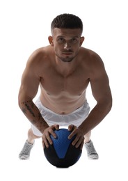 Photo of Man exercising with medicine ball on white background