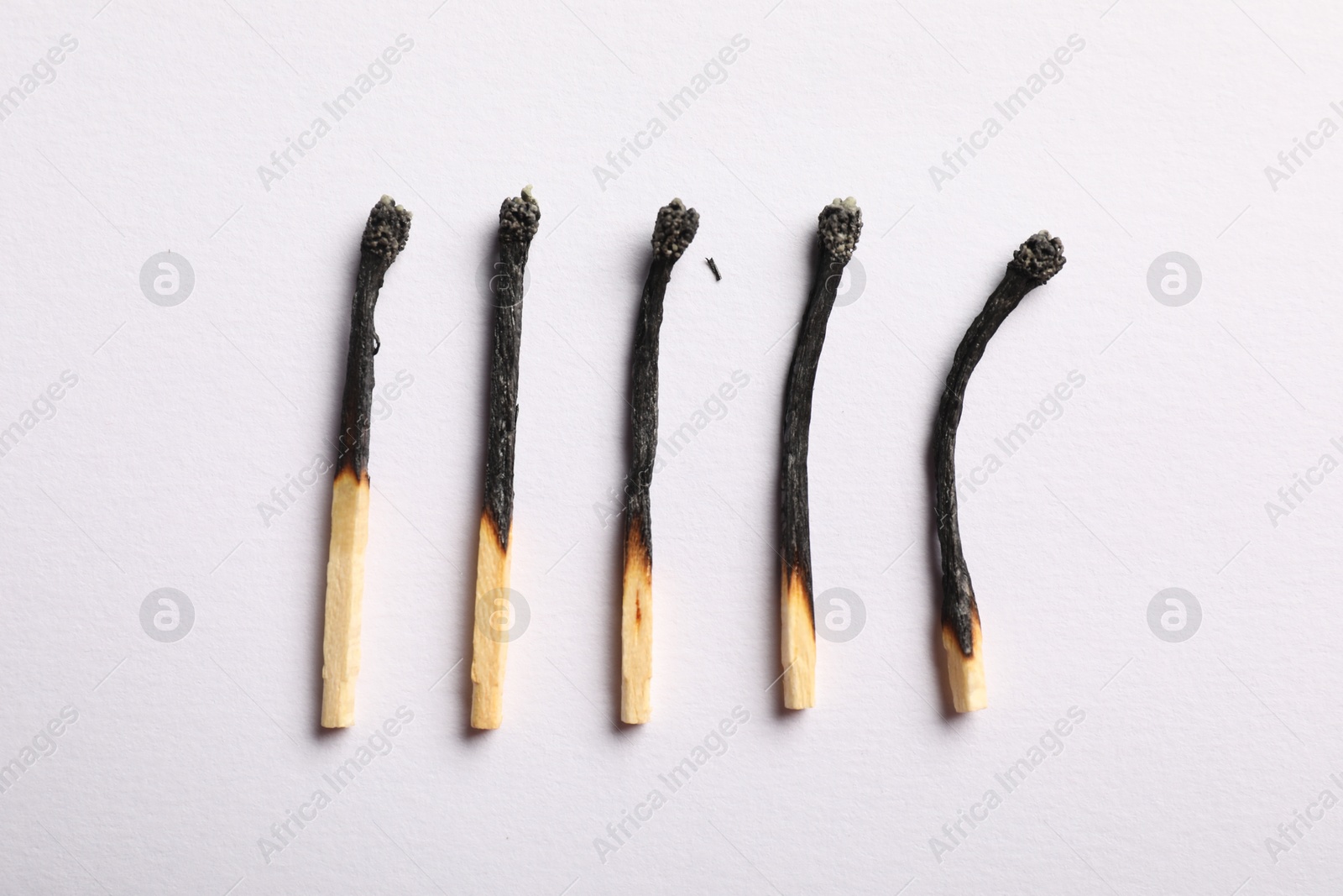 Photo of Burnt matches on light grey background, flat lay