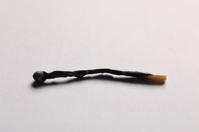 Photo of One burnt match on grey background, closeup view