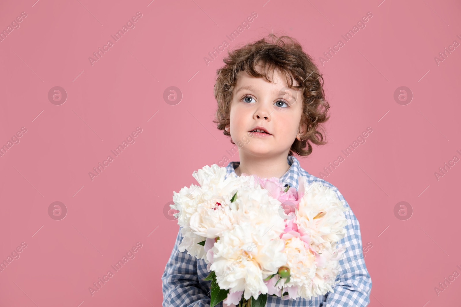 Cute little boy with bouquet of beautiful peonies on pink background. Space for text Photo of Cute little boy with bouquet of beautiful peonies on pink background. Space for text
