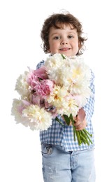 Photo of Cute little boy with bouquet of beautiful peonies on white background