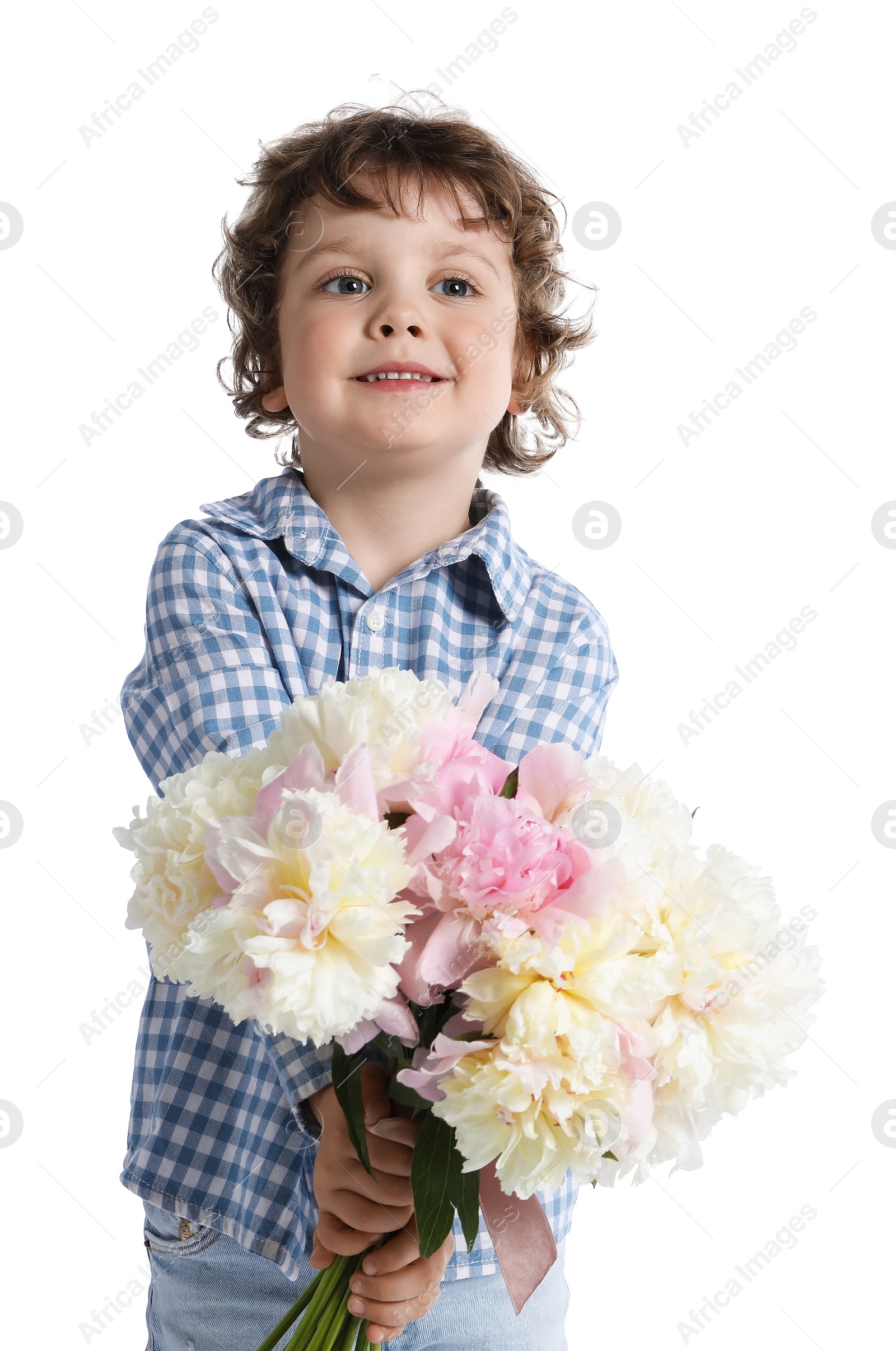 Cute little boy with bouquet of beautiful peonies on white background Photo of Cute little boy with bouquet of beautiful peonies on white background