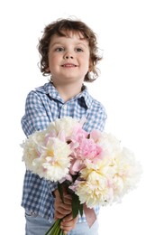 Photo of Cute little boy with bouquet of beautiful peonies on white background