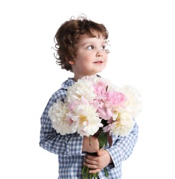 Photo of Cute little boy with bouquet of beautiful peonies on white background