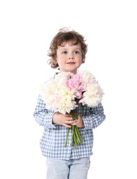 Photo of Cute little boy with bouquet of beautiful peonies on white background