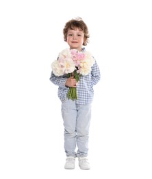 Photo of Cute little boy with bouquet of beautiful peonies on white background