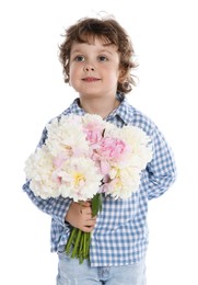 Photo of Cute little boy with bouquet of beautiful peonies on white background