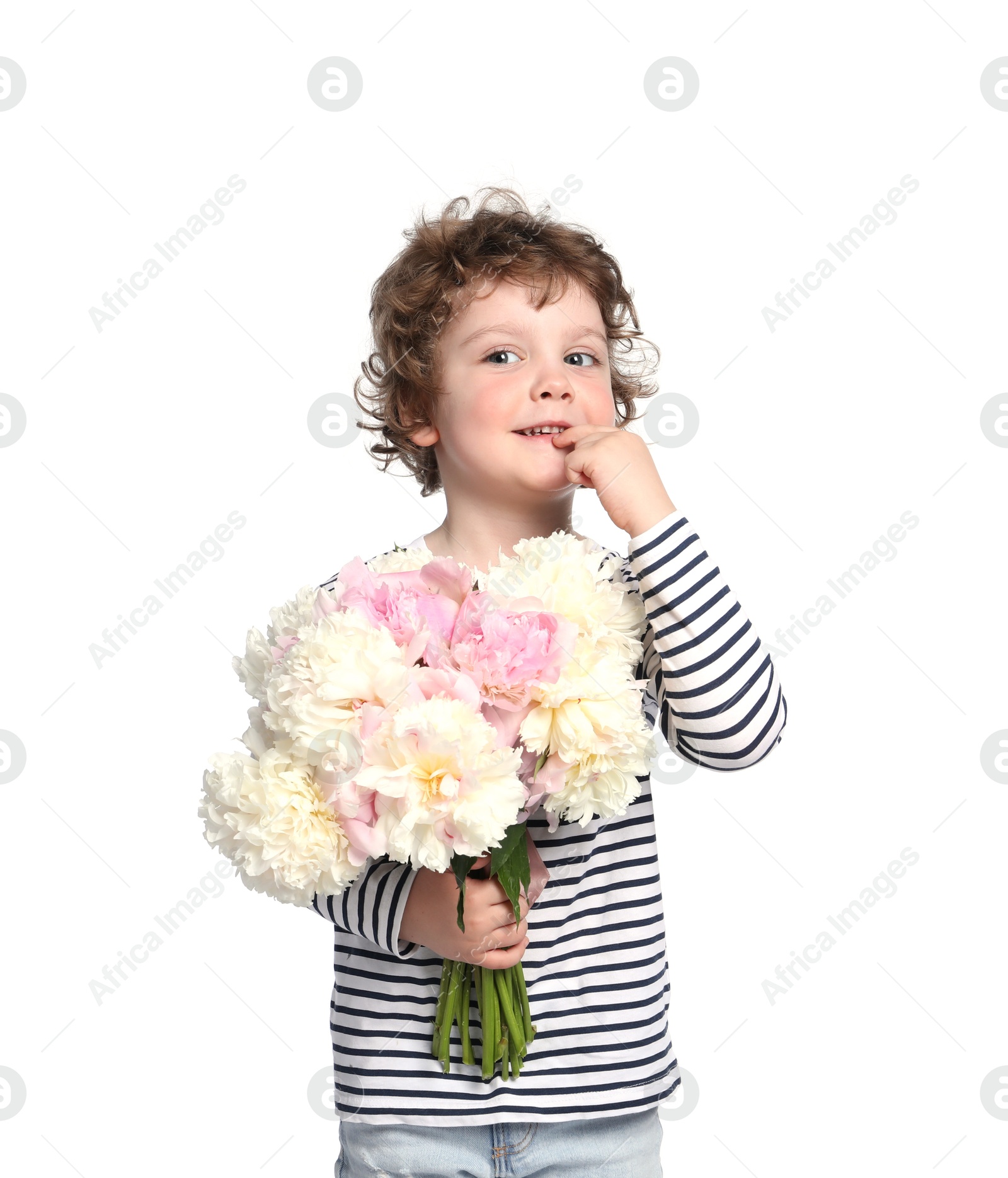 Cute little boy with bouquet of beautiful peonies on white background Photo of Cute little boy with bouquet of beautiful peonies on white background