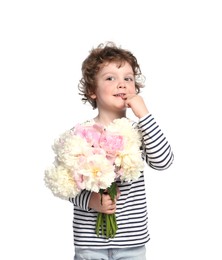 Photo of Cute little boy with bouquet of beautiful peonies on white background